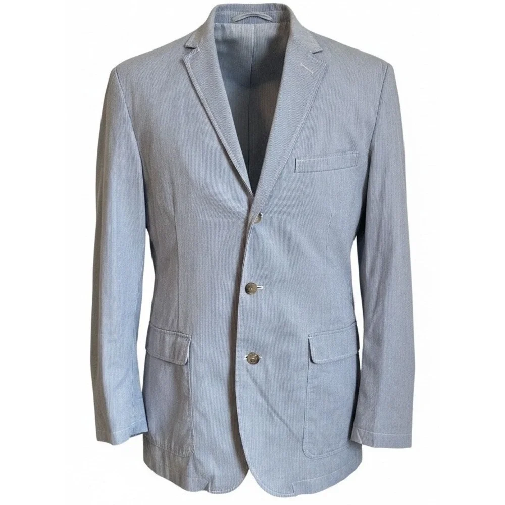 J Crew Seersucker Cotton Blazer Blue White Striped Sport Coat Jacket Sz L 42R